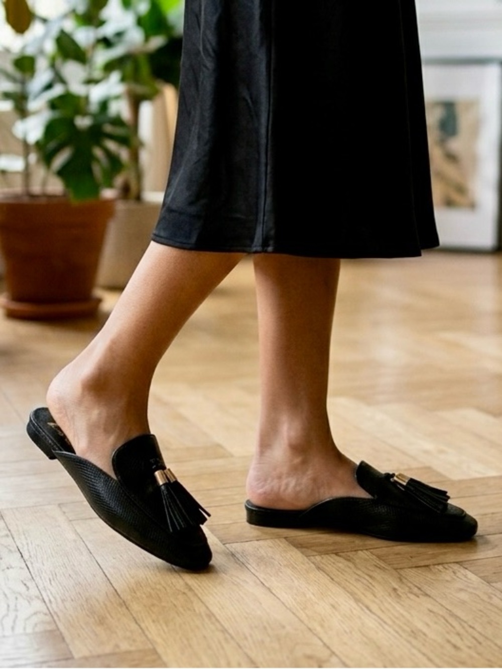Zara Black Faux Leather Tassel Mule with Gold Accent